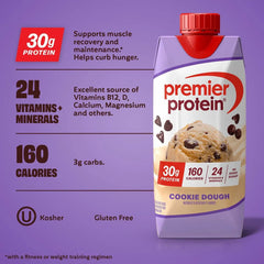 Premier Protein 30g Protein Shake Cookie Dough Non-Caffeinated - 44 fl oz/4pk: Keto Certified, Gluten-Free, Ready to Drink, Milk Protein